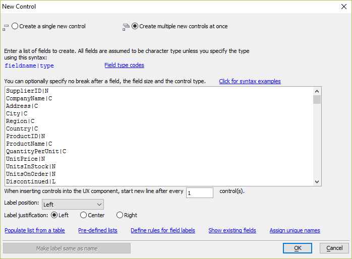 The list of controls and their types that will be added to the UX Component